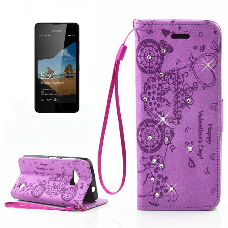 For Microsoft Lumia 550 Pressed Flower Butterfly Carriage Pattern Diamond Encrusted Horizontal Flip Leather Case with Holder & Card Slots & Wallet & Photo Frame & Lanyard