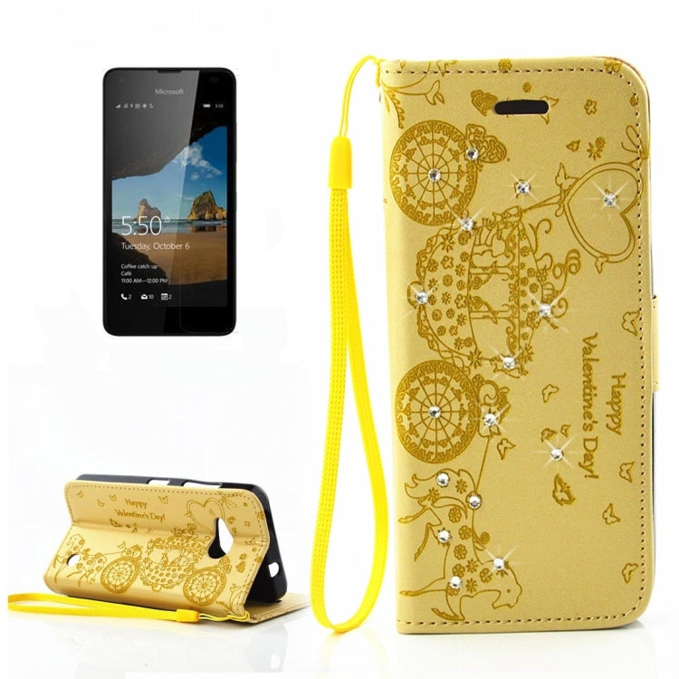 For Microsoft Lumia 550 Pressed Flower Butterfly Carriage Pattern Diamond Encrusted Horizontal Flip Leather Case with Holder & Card Slots & Wallet & Photo Frame & Lanyard