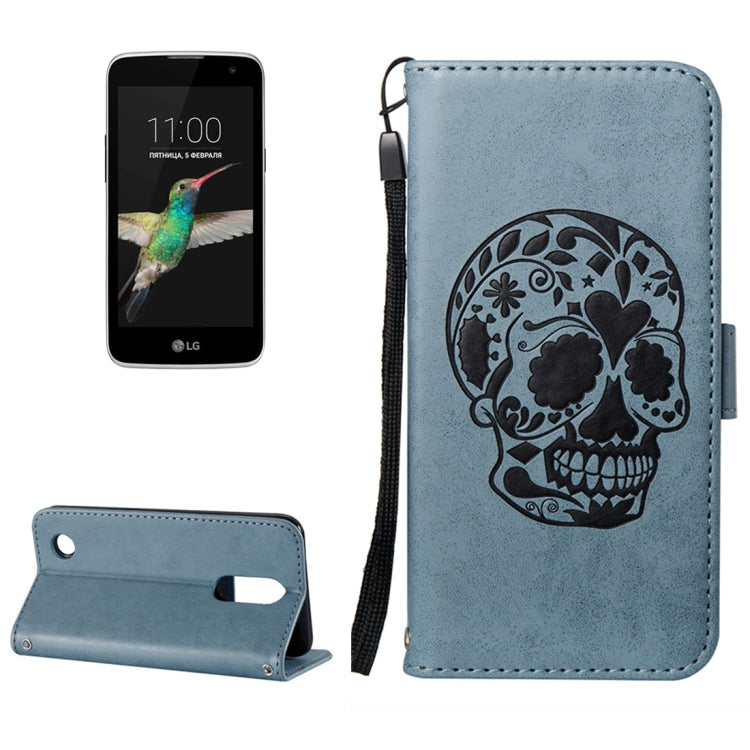 For LG K4 (2017) (US Version) Skull Pressed Flowers Pattern Horizontal Flip Leather Case with Holder & Card Slots & Wallet & Lanyard