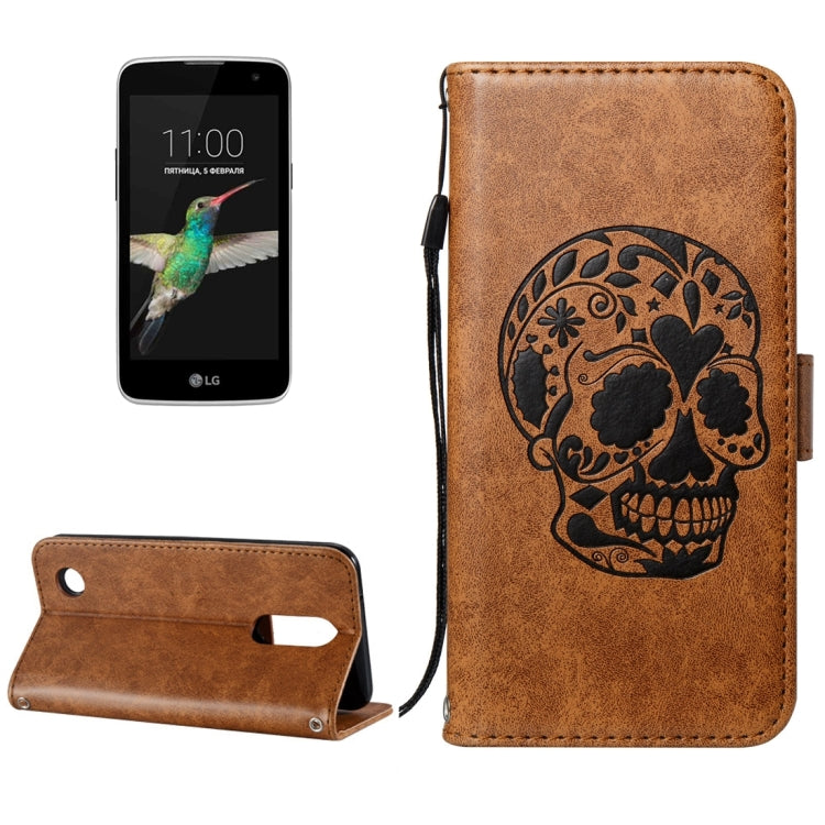 For LG K4 (2017) (US Version) Skull Pressed Flowers Pattern Horizontal Flip Leather Case with Holder & Card Slots & Wallet & Lanyard