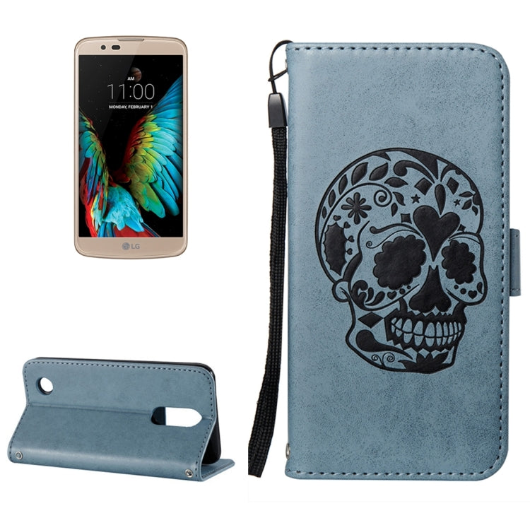 For LG K10 (2017) (US Version) Skull Pressed Flowers Pattern Horizontal Flip Leather Case with Holder & Card Slots & Wallet & Lanyard