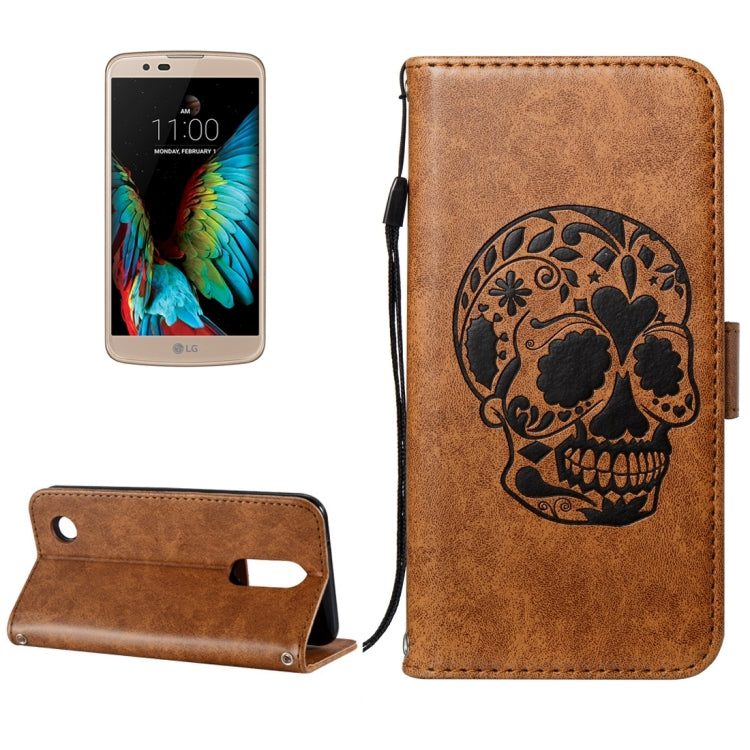 For LG K10 (2017) (US Version) Skull Pressed Flowers Pattern Horizontal Flip Leather Case with Holder & Card Slots & Wallet & Lanyard