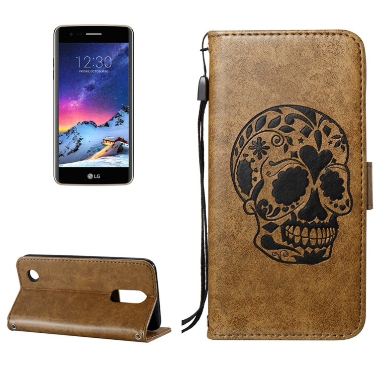 For LG K8 (2017) (US Version) Skull Pressed Flowers Pattern Horizontal Flip Leather Case with Holder & Card Slots & Wallet & Lanyard