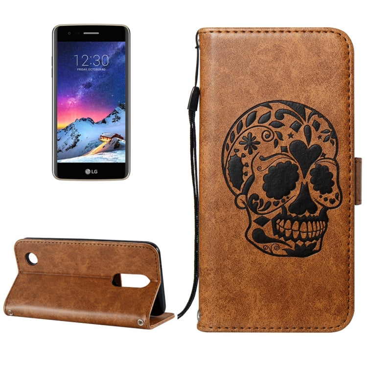 For LG K8 (2017) (US Version) Skull Pressed Flowers Pattern Horizontal Flip Leather Case with Holder & Card Slots & Wallet & Lanyard