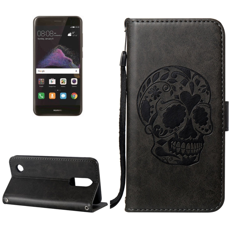 For Huawei  P8 Lite (2017) Skull Pressed Flowers Pattern Horizontal Flip Leather Case with Holder & Card Slots & Wallet & Lanyard