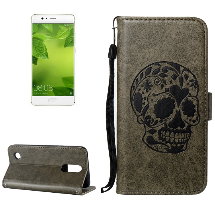 For Huawei  P10 Skull Pressed Flowers Pattern Horizontal Flip Leather Case with Holder & Card Slots & Wallet & Lanyard