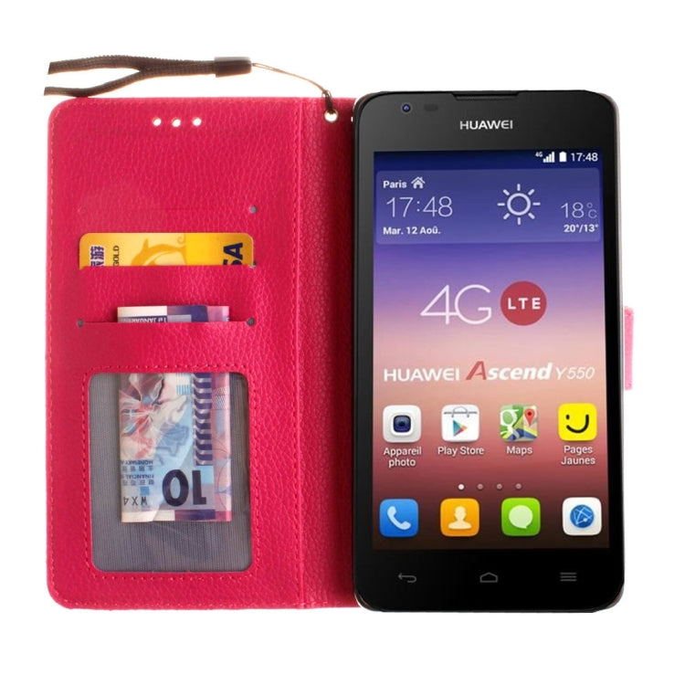 For Huawei  Ascend Y550 Litchi Texture Horizontal Flip Leather Case with Magnetic Buckle & Holder & Card Slots & Wallet & Photo Frame & Lanyard