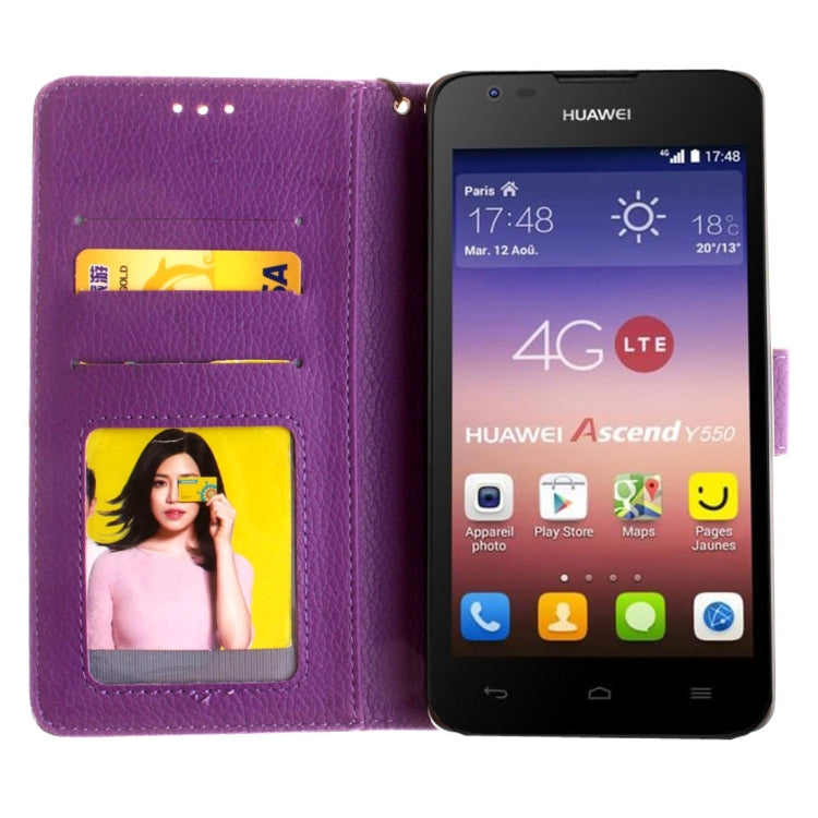 For Huawei  Ascend Y550 Litchi Texture Horizontal Flip Leather Case with Magnetic Buckle & Holder & Card Slots & Wallet & Photo Frame & Lanyard