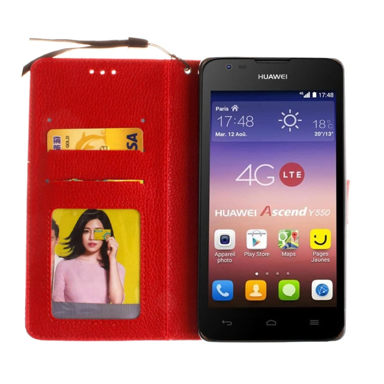For Huawei  Ascend Y550 Litchi Texture Horizontal Flip Leather Case with Magnetic Buckle & Holder & Card Slots & Wallet & Photo Frame & Lanyard