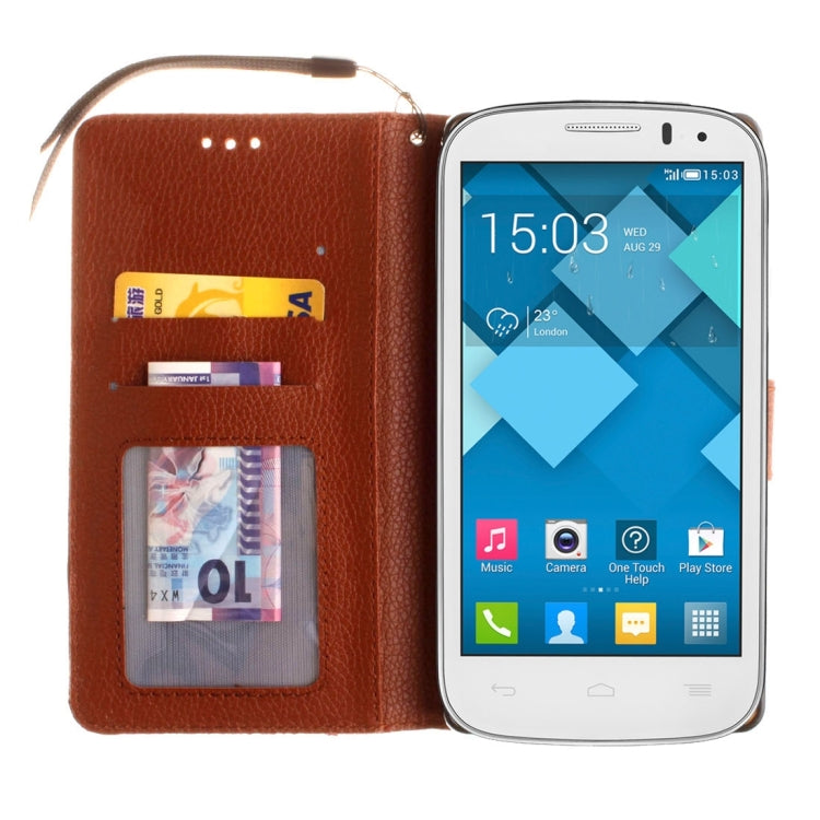 For Alcatel One Touch Pop C5 Litchi Texture Horizontal Flip Leather Case with Magnetic Buckle & Holder & Card Slots & Wallet & Photo Frame & Lanyard