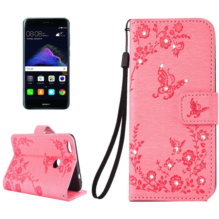 For Huawei  P8 Lite (2017) Diamante Butteryfly Pressed Flowers Pattern Horizontal Flip Leather Case with Holder & Card Slots & Wallet & Lanyard