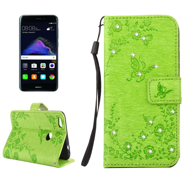 For Huawei  P8 Lite (2017) Diamante Butteryfly Pressed Flowers Pattern Horizontal Flip Leather Case with Holder & Card Slots & Wallet & Lanyard