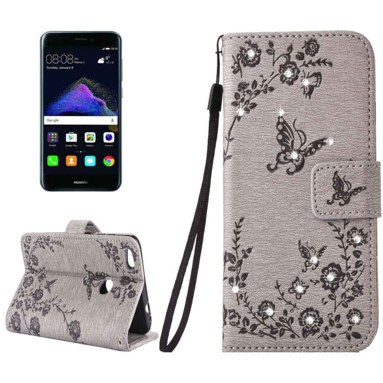 For Huawei  P8 Lite (2017) Diamante Butteryfly Pressed Flowers Pattern Horizontal Flip Leather Case with Holder & Card Slots & Wallet & Lanyard
