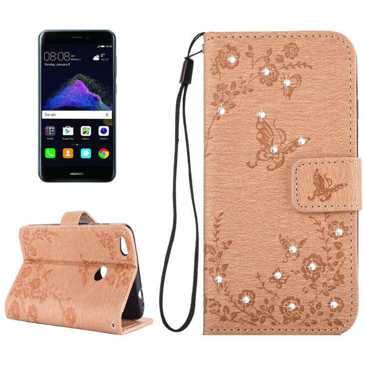 For Huawei  P8 Lite (2017) Diamante Butteryfly Pressed Flowers Pattern Horizontal Flip Leather Case with Holder & Card Slots & Wallet & Lanyard