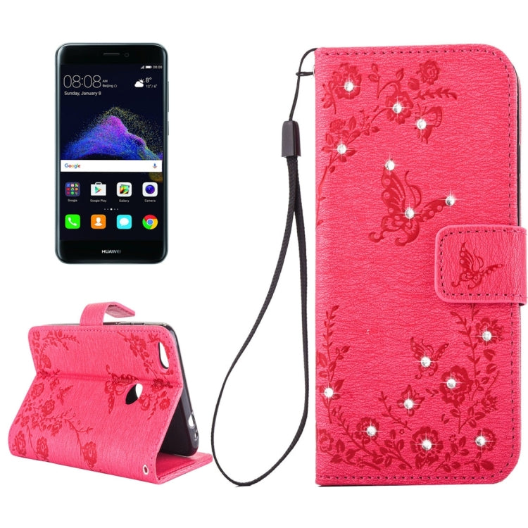 For Huawei  P8 Lite (2017) Diamante Butteryfly Pressed Flowers Pattern Horizontal Flip Leather Case with Holder & Card Slots & Wallet & Lanyard