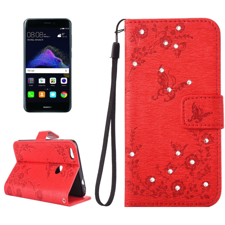 For Huawei  P8 Lite (2017) Diamante Butteryfly Pressed Flowers Pattern Horizontal Flip Leather Case with Holder & Card Slots & Wallet & Lanyard