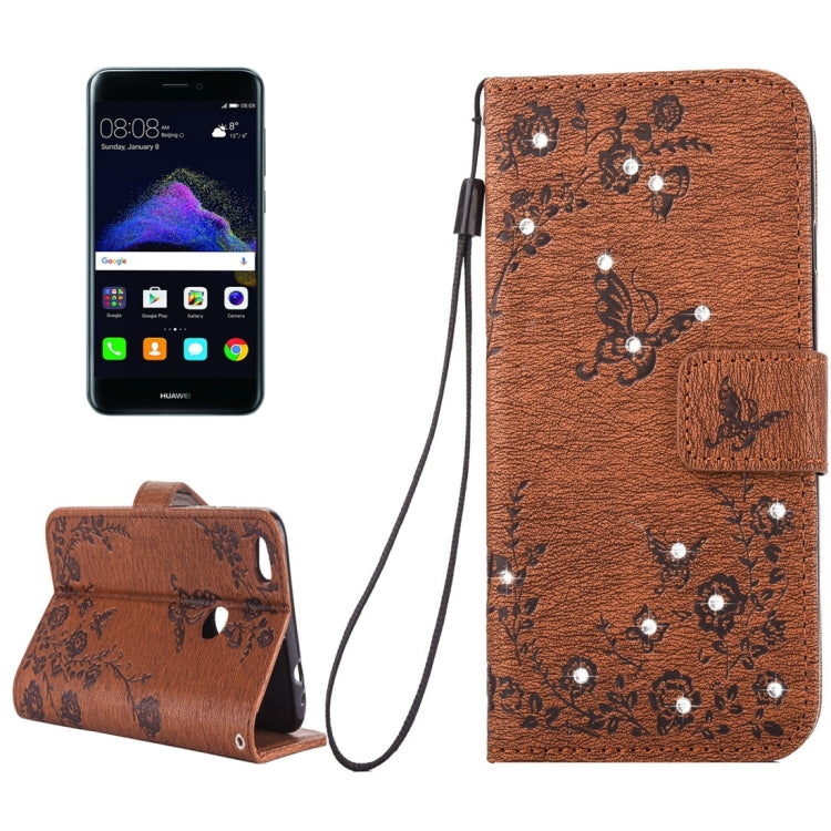 For Huawei  P8 Lite (2017) Diamante Butteryfly Pressed Flowers Pattern Horizontal Flip Leather Case with Holder & Card Slots & Wallet & Lanyard