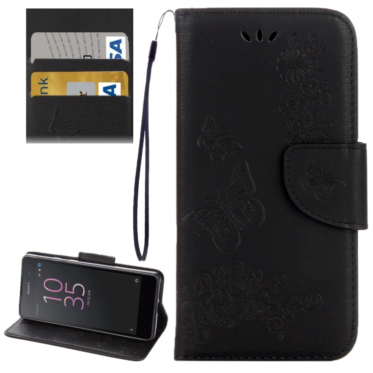For Sony Xperia E5 Butterflies Embossing Horizontal Flip Leather Case with Holder & Card Slots & Wallet & Lanyard