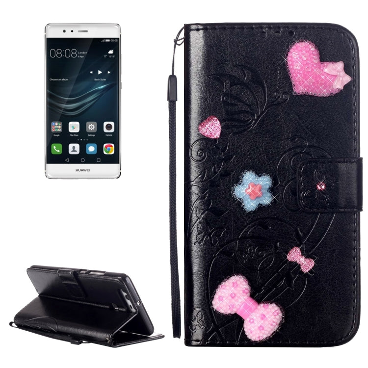 For Huawei  P9 Heart Diamond Encrusted Flowers Embossing Horizontal Flip Leather Case with Holder & Card Slots & Wallet & Lanyard