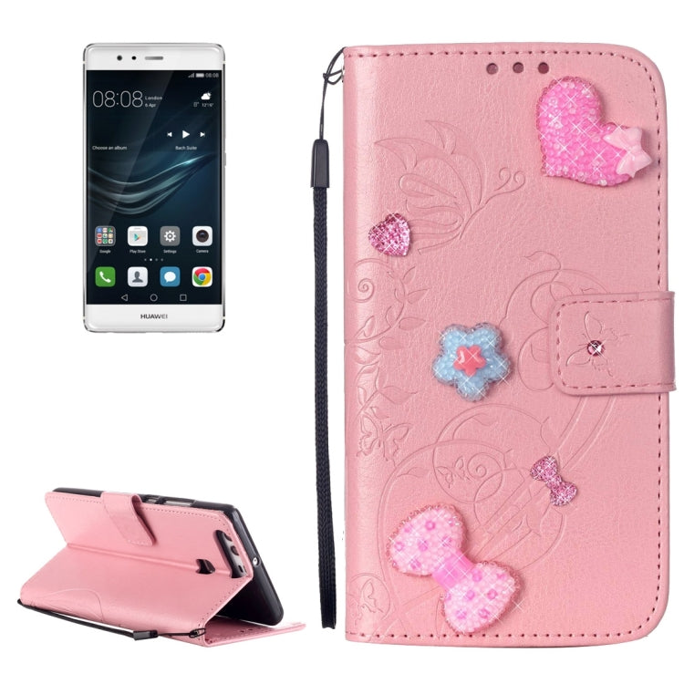 For Huawei  P9 Heart Diamond Encrusted Flowers Embossing Horizontal Flip Leather Case with Holder & Card Slots & Wallet & Lanyard