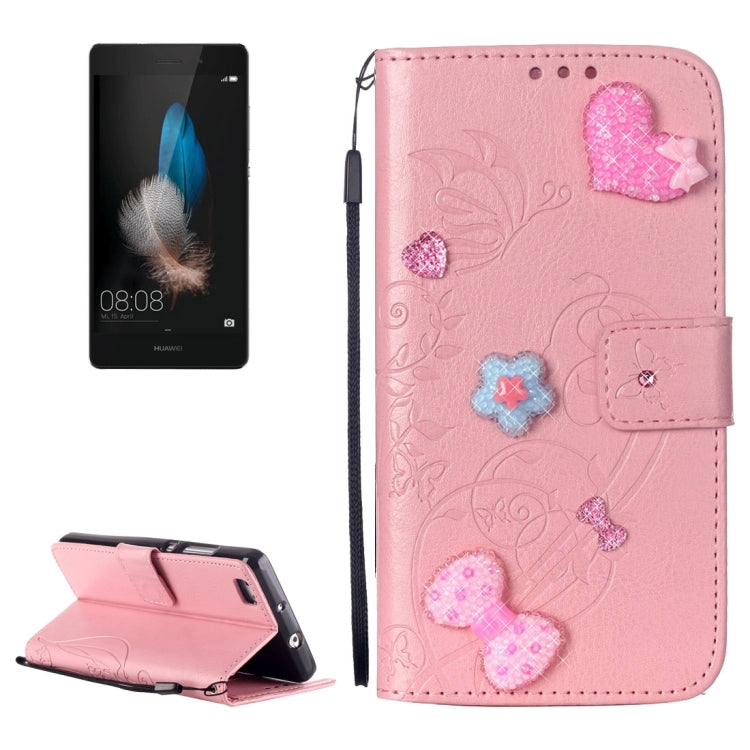 For Huawei  P8 Lite Heart Diamond Encrusted Flowers Embossing Horizontal Flip Leather Case with Holder & Card Slots & Wallet & Lanyard