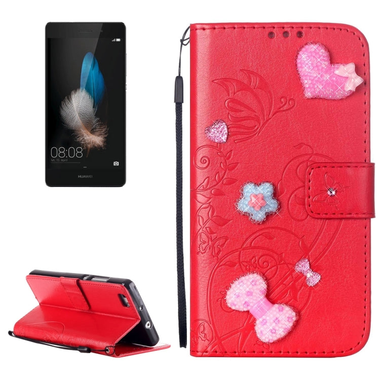 For Huawei  P8 Lite Heart Diamond Encrusted Flowers Embossing Horizontal Flip Leather Case with Holder & Card Slots & Wallet & Lanyard