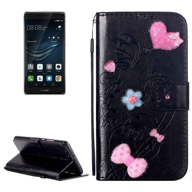 For Huawei  P9 Plus Heart Diamond Encrusted Flowers Embossing Horizontal Flip Leather Case with Holder & Card Slots & Wallet & Lanyard