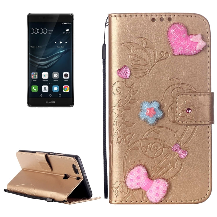 For Huawei  P9 Plus Heart Diamond Encrusted Flowers Embossing Horizontal Flip Leather Case with Holder & Card Slots & Wallet & Lanyard