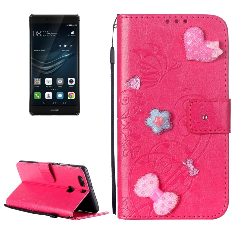 For Huawei  P9 Plus Heart Diamond Encrusted Flowers Embossing Horizontal Flip Leather Case with Holder & Card Slots & Wallet & Lanyard