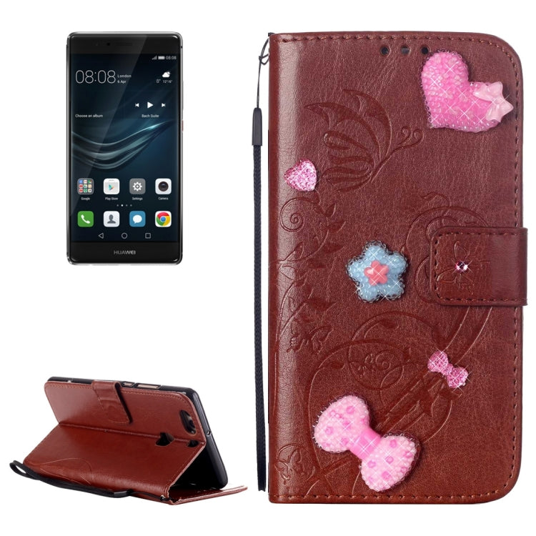 For Huawei  P9 Plus Heart Diamond Encrusted Flowers Embossing Horizontal Flip Leather Case with Holder & Card Slots & Wallet & Lanyard