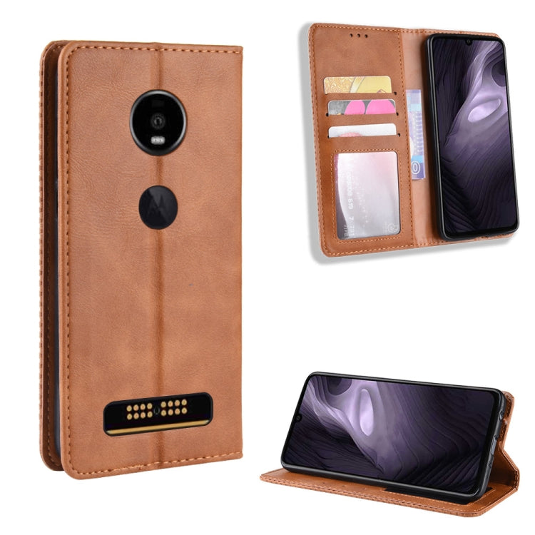 Magnetic Buckle Retro Crazy Horse Texture Horizontal Flip Leather Case for Moto Z4 Play, with Holder & Card Slots & Photo Frame