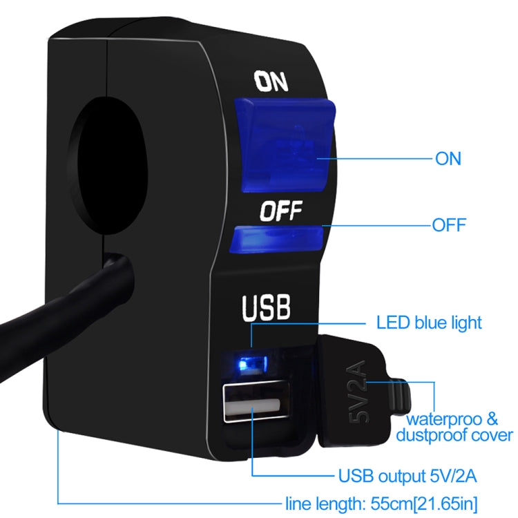 CS-838B 12V 2A Motorcycle Waterproof Mobile Phone USB Charger with Indicator Light Switch(Blue)