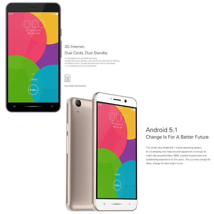 iNew U5W 8GB, Network: 3G, 5 inch Android 5.1 MTK6580 Quad Core 1.3GHz, RAM: 1GB, GPS