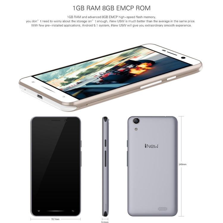 iNew U5W 8GB, Network: 3G, 5 inch Android 5.1 MTK6580 Quad Core 1.3GHz, RAM: 1GB, GPS
