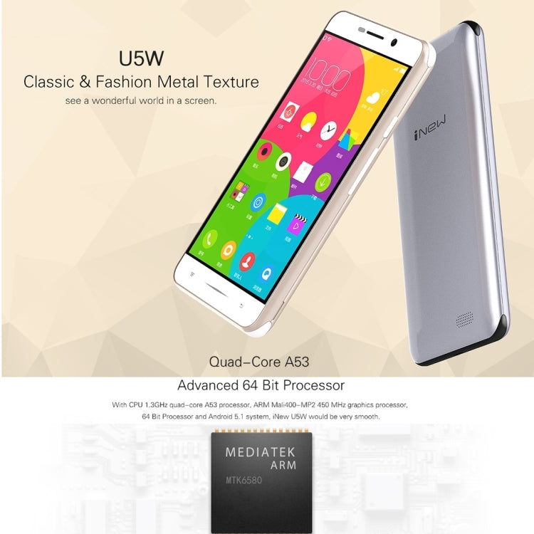 iNew U5W 8GB, Network: 3G, 5 inch Android 5.1 MTK6580 Quad Core 1.3GHz, RAM: 1GB, GPS