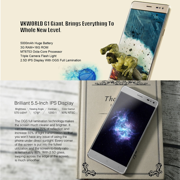 VKworld G1 Giant, 3GB+16GB, 5000mAh Battery, 5.5 inch Android 5.1 MTK6753 Octa Core 1.3GHz, Support GPS, Mobile AP, Network: 4G