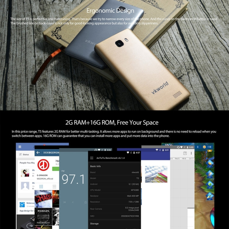 VKworld T5, 2GB+16GB, 5 inch Android 5.1 MTK6580 Quad Core 1.3GHz, Support GPS, Mobile AP, Network: 3G