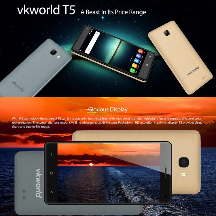 VKworld T5, 2GB+16GB, 5 inch Android 5.1 MTK6580 Quad Core 1.3GHz, Support GPS, Mobile AP, Network: 3G