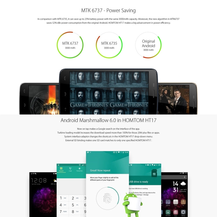 [HK Warehouse] HOMTOM HT17, 1GB+8GB, Fingerprint Identification, 5.5 inch Android 6.0, MT6737 Quad Core 1.1GHz, Support OTG, OTA, Network: 4G