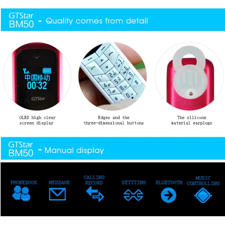 GTStar BM50 Mini Mobile Phone, Hands Free Bluetooth Dialer Headphone, MP3 Music, Dual SIM, Network: 2G(White)