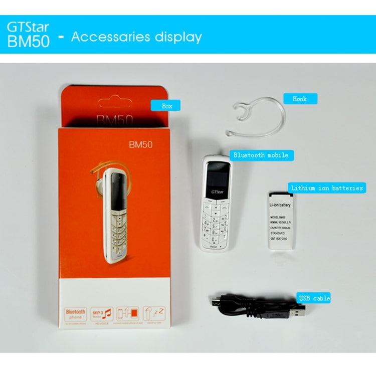 GTStar BM50 Mini Mobile Phone, Hands Free Bluetooth Dialer Headphone, MP3 Music, Dual SIM, Network: 2G(White)