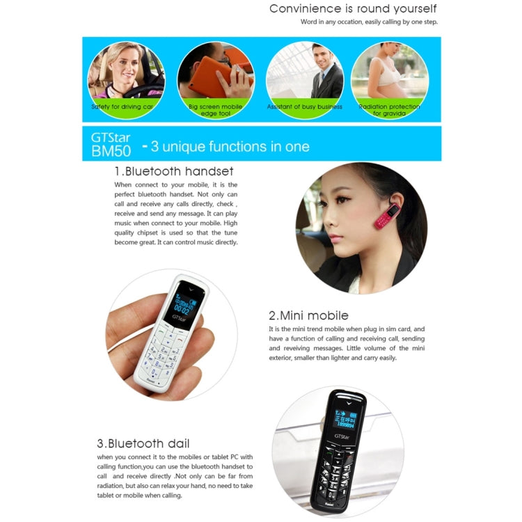 GTStar BM50 Mini Mobile Phone, Hands Free Bluetooth Dialer Headphone, MP3 Music, Dual SIM, Network: 2G(White)