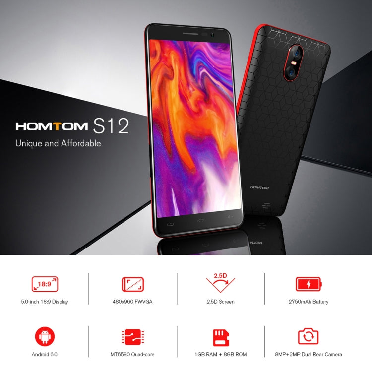 [HK Warehouse] HOMTOM S12, 1GB+8GB, Dual Back Cameras,  5.0 inch 18:9 Android 6.0 MTK6580 Quad Core up to 1.3GHz, Network: 3G, Dual SIM, OTA