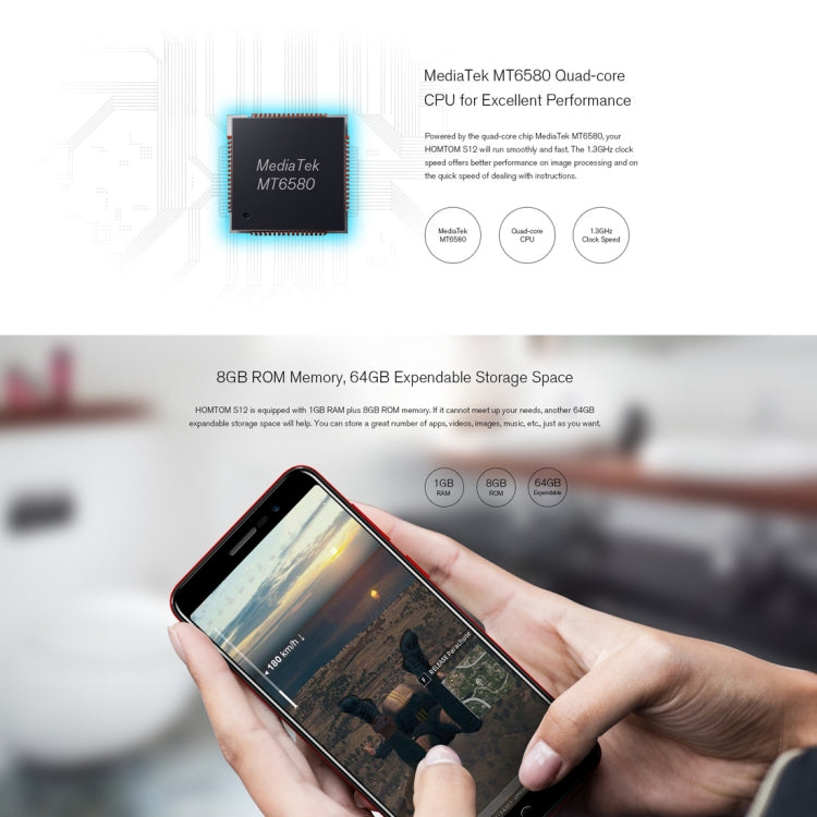 [HK Warehouse] HOMTOM S12, 1GB+8GB, Dual Back Cameras,  5.0 inch 18:9 Android 6.0 MTK6580 Quad Core up to 1.3GHz, Network: 3G, Dual SIM, OTA