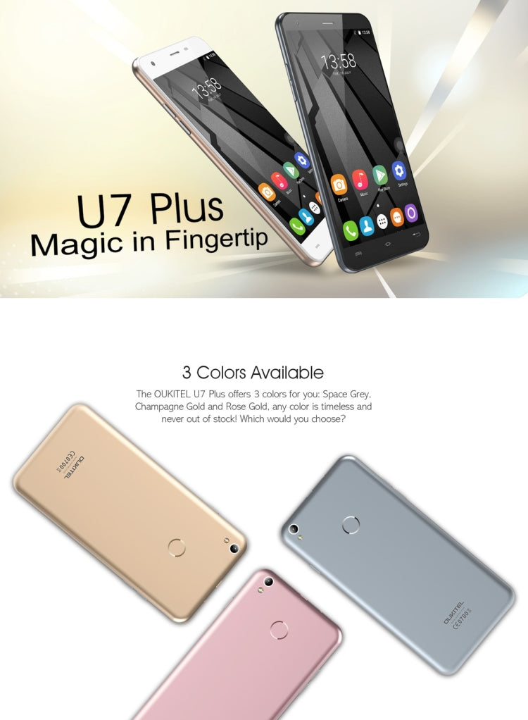 [HK Warehouse] OUKITEL U7 Plus, 2GB+16GB, Fingerprint Identification, 5.5 inch 2.5D Polished Android 6.0 MTK6737 Quad Core up to 1.3GHz, Network: 4G(Rose Gold)