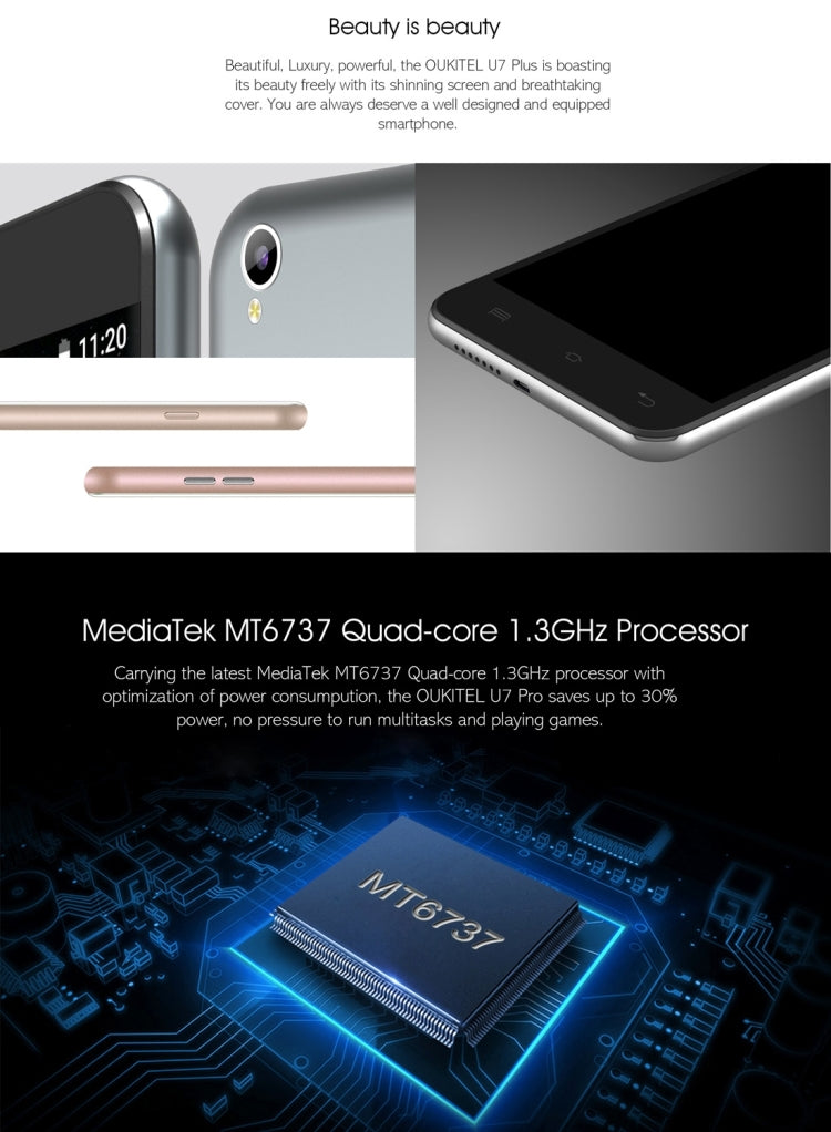 [HK Warehouse] OUKITEL U7 Plus, 2GB+16GB, Fingerprint Identification, 5.5 inch 2.5D Polished Android 6.0 MTK6737 Quad Core up to 1.3GHz, Network: 4G(Rose Gold)