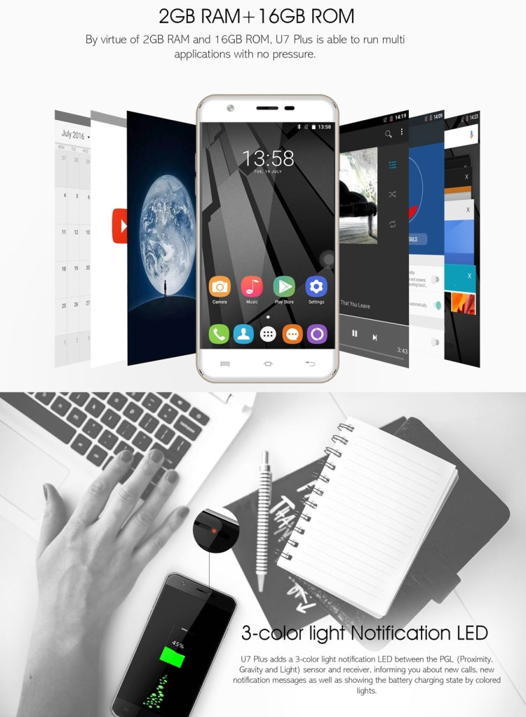 [HK Warehouse] OUKITEL U7 Plus, 2GB+16GB, Fingerprint Identification, 5.5 inch 2.5D Polished Android 6.0 MTK6737 Quad Core up to 1.3GHz, Network: 4G(Rose Gold)