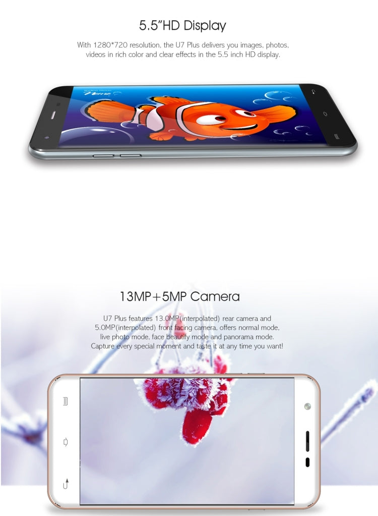 [HK Warehouse] OUKITEL U7 Plus, 2GB+16GB, Fingerprint Identification, 5.5 inch 2.5D Polished Android 6.0 MTK6737 Quad Core up to 1.3GHz, Network: 4G(Rose Gold)