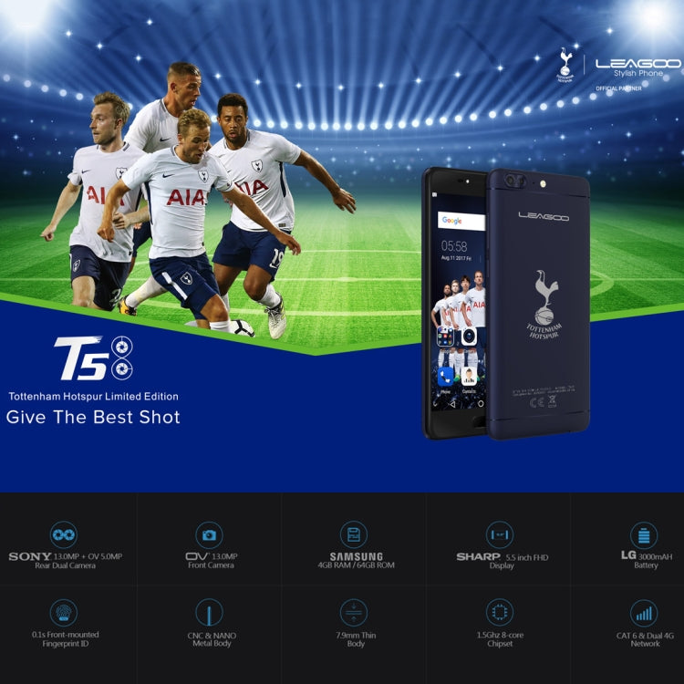[HK Warehouse] LEAGOO T5 THFC, 4GB+64GB, Dual Back Cameras, Fingerprint Identification, 5.5 inch 2.5D Curved LEAGOO OS 3.0 (Android 7.0) MTK6750T Octa Core up to 1.5GHz, Network: 4G, Dual SIM(Dark Blue)