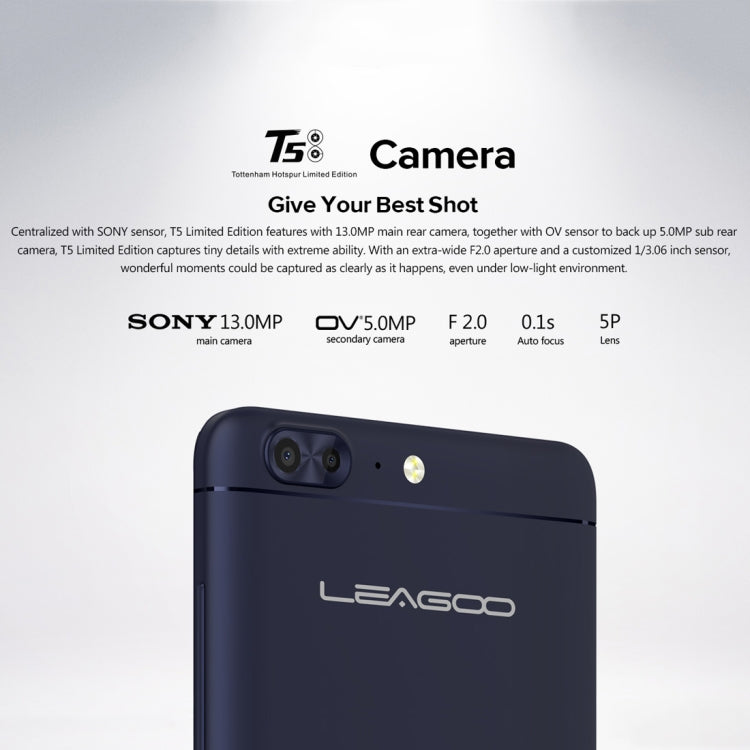 [HK Warehouse] LEAGOO T5 THFC, 4GB+64GB, Dual Back Cameras, Fingerprint Identification, 5.5 inch 2.5D Curved LEAGOO OS 3.0 (Android 7.0) MTK6750T Octa Core up to 1.5GHz, Network: 4G, Dual SIM(Dark Blue)
